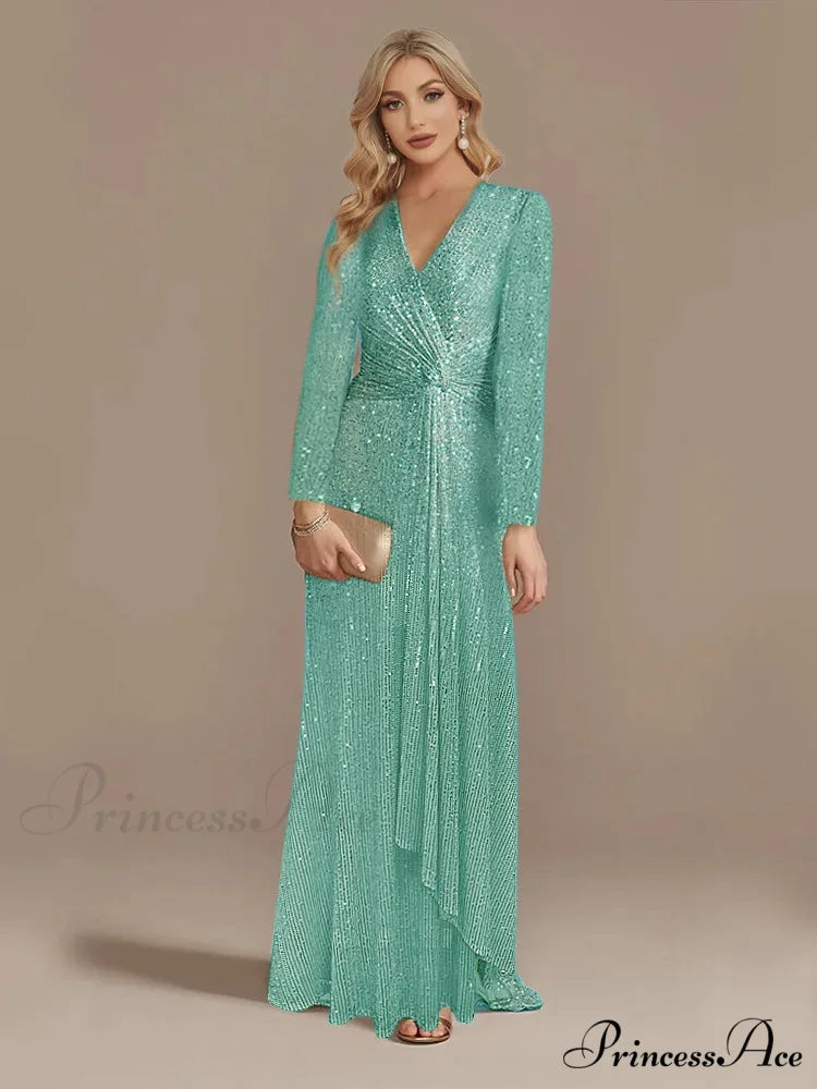 Long Sleeve V-Neck Party Dress emerald / S