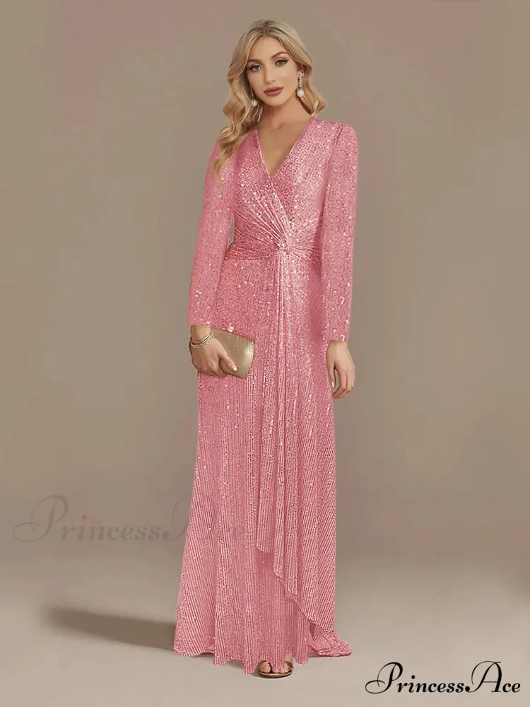 Long Sleeve V-Neck Party Dress Pink / S