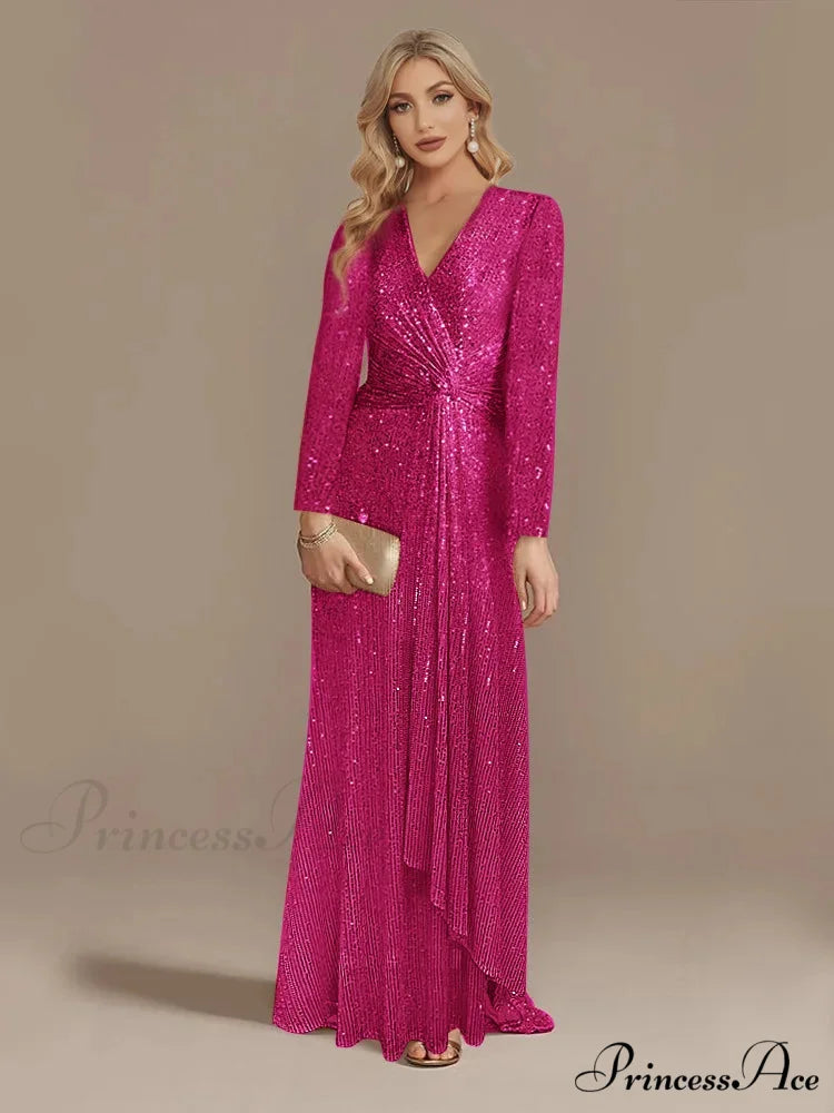Long Sleeve V-Neck Party Dress rose / S