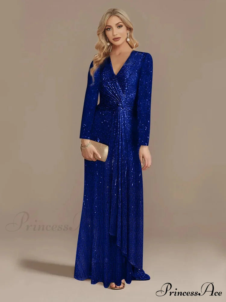 Long Sleeve V-Neck Party Dress royal blue / S