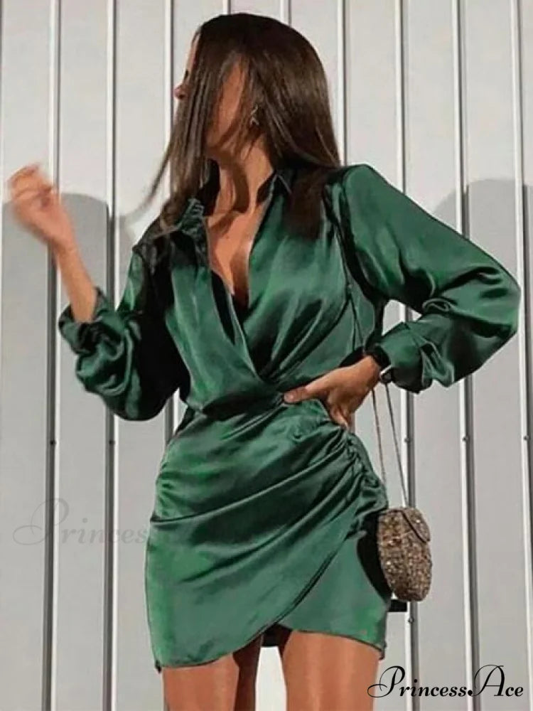 Long Sleeve V Neck Ruched Wrap Mini Dress Dark Green / M