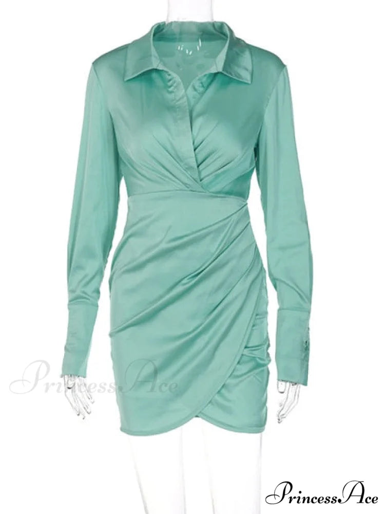 Long Sleeve V Neck Ruched Wrap Mini Dress Mint / M