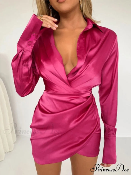 Long Sleeve V Neck Ruched Wrap Mini Dress Rose Red / M