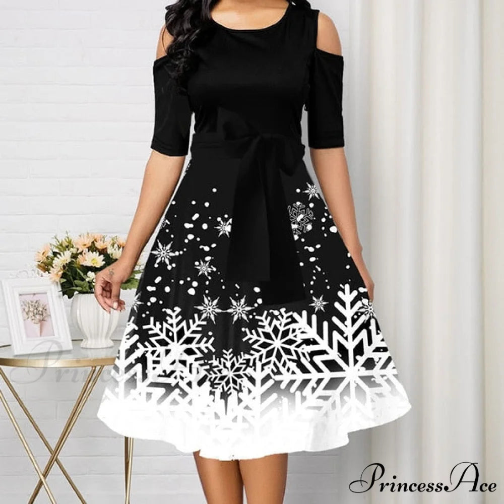 Long Sleeve V-neck Snowflake Print Dresses B4Q052HS / S