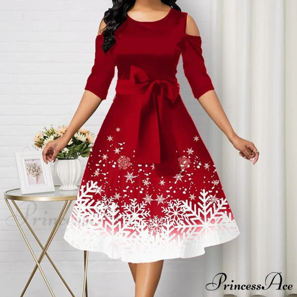 Long Sleeve V-neck Snowflake Print Dresses B4Q052JH / S