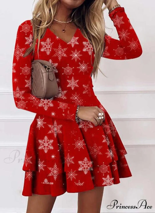 Long Sleeve V-neck Snowflake Print Dresses B4Q062RD / S