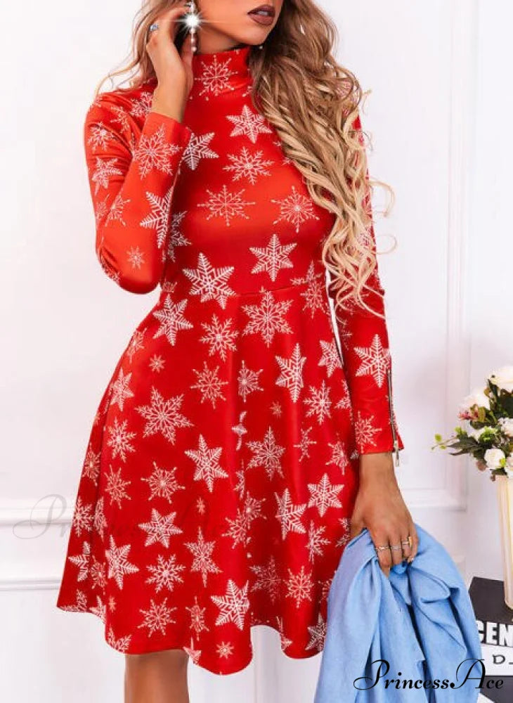 Long Sleeve V-neck Snowflake Print Dresses B4Q063RD / S