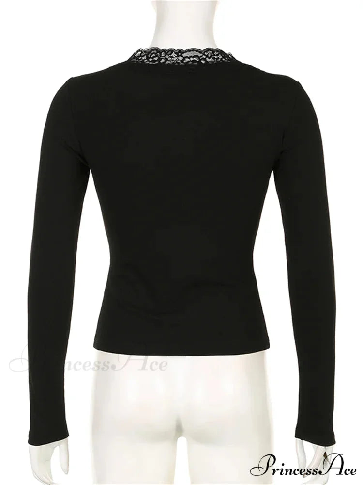 Long Sleeve V Neck Tie-up Slim Fit Lace Vintage Patchwork T-Shirts