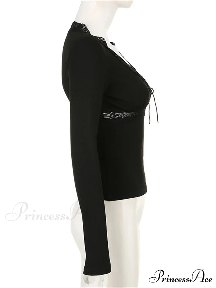 Long Sleeve V Neck Tie-up Slim Fit Lace Vintage Patchwork T-Shirts