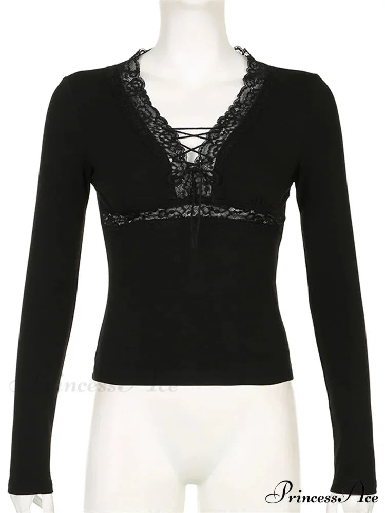 Long Sleeve V Neck Tie-up Slim Fit Lace Vintage Patchwork T-Shirts