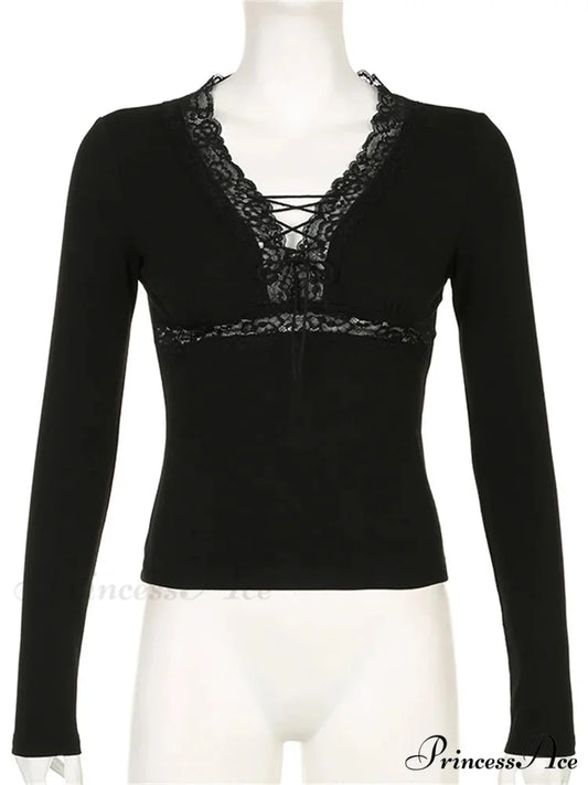 Long Sleeve V Neck Tie-up Slim Fit Lace Vintage Patchwork T-Shirts