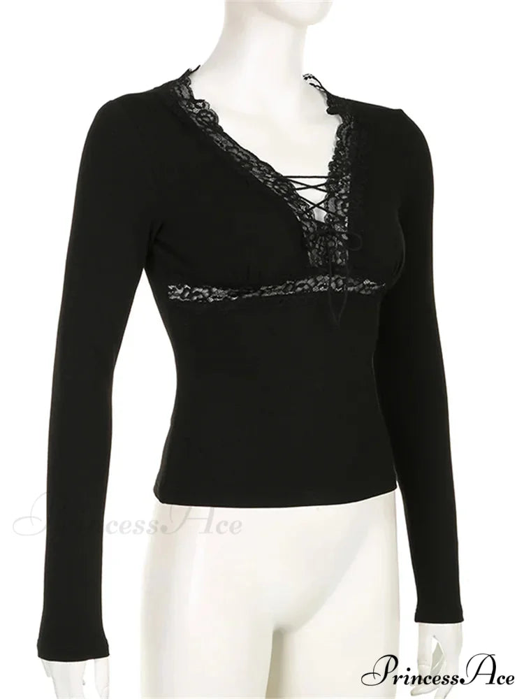 Long Sleeve V Neck Tie-up Slim Fit Lace Vintage Patchwork T-Shirts