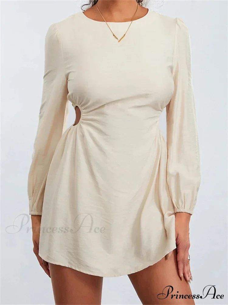 Long Sleeve Waist Hollow Out Tie up Mini Dress