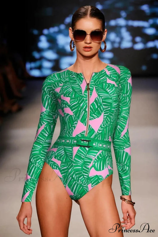 Long Sleeve Zip Azure One Piece Swimsuit green / S onepiece-250223