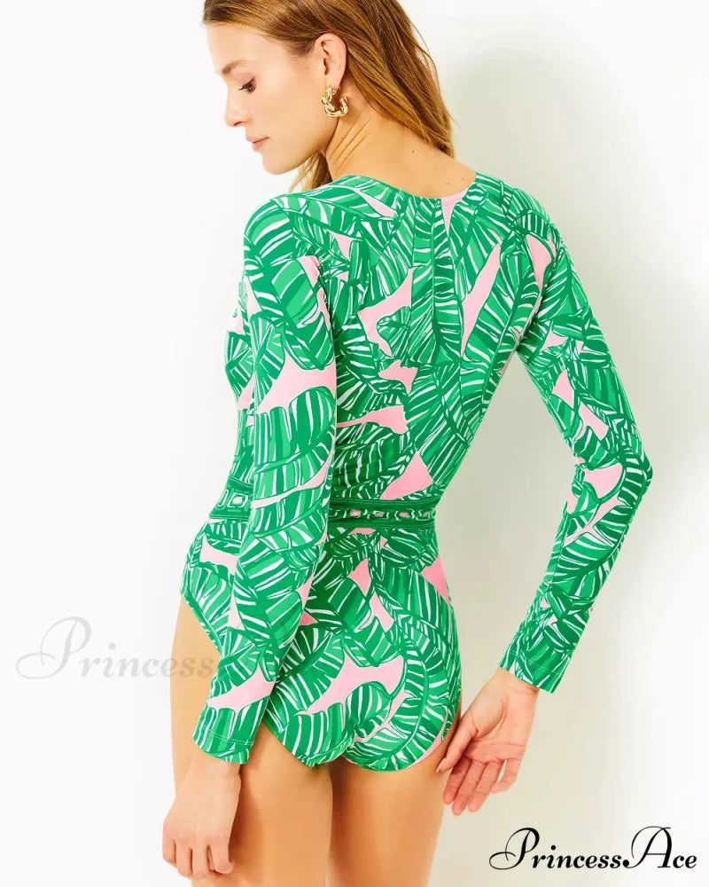 Long Sleeve Zip Azure One Piece Swimsuit onepiece-250223