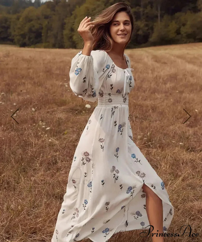 Long-sleeved Elastic Waist Split White Bohemian Dress bohodress-250126