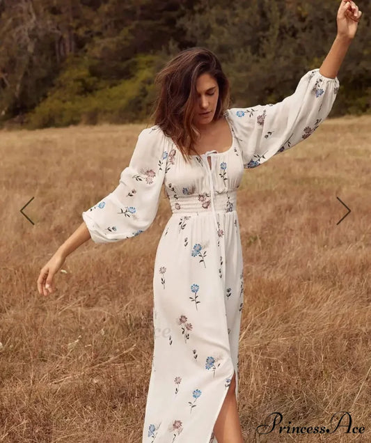 Long-sleeved Elastic Waist Split White Bohemian Dress bohodress-250126
