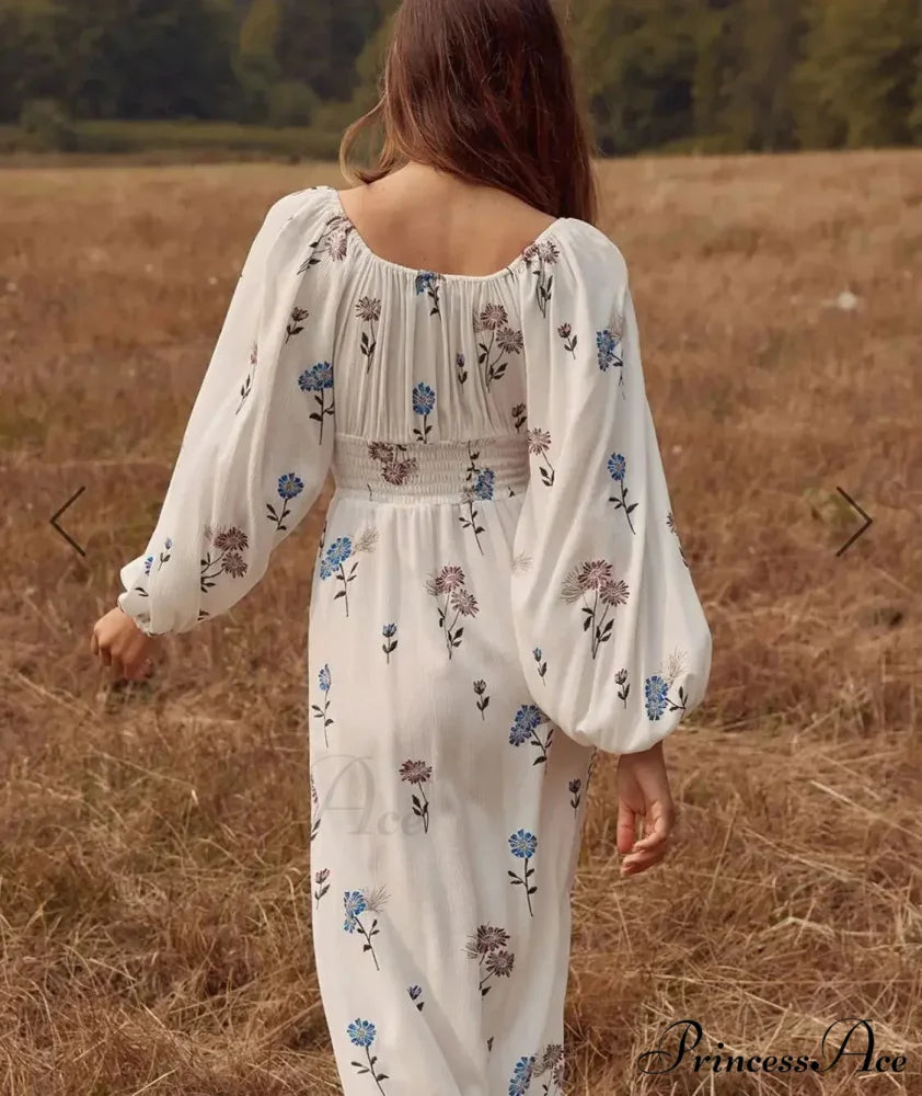 Long-sleeved Elastic Waist Split White Bohemian Dress bohodress-250126