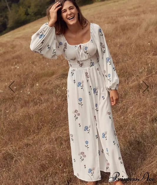 Long-sleeved Elastic Waist Split White Bohemian Dress WHITE / S bohodress-250126