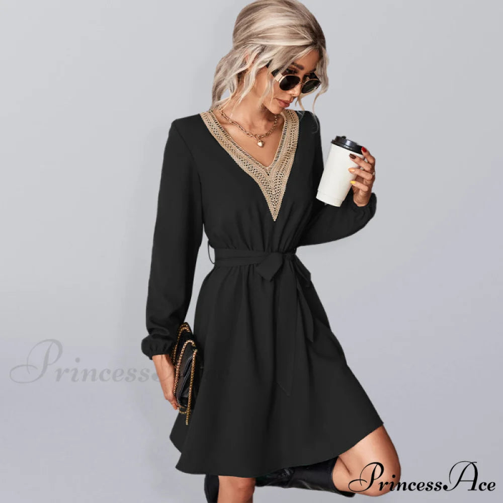 long-sleeved for V-neck dress lace women Black / S
