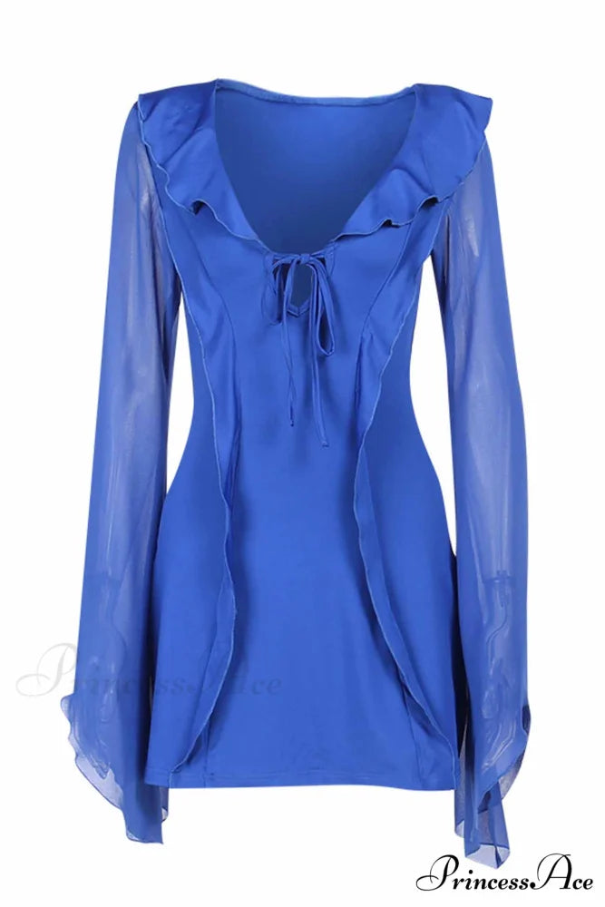 Long Sleeved Ruffled Mini Dress with Lace Up Detail