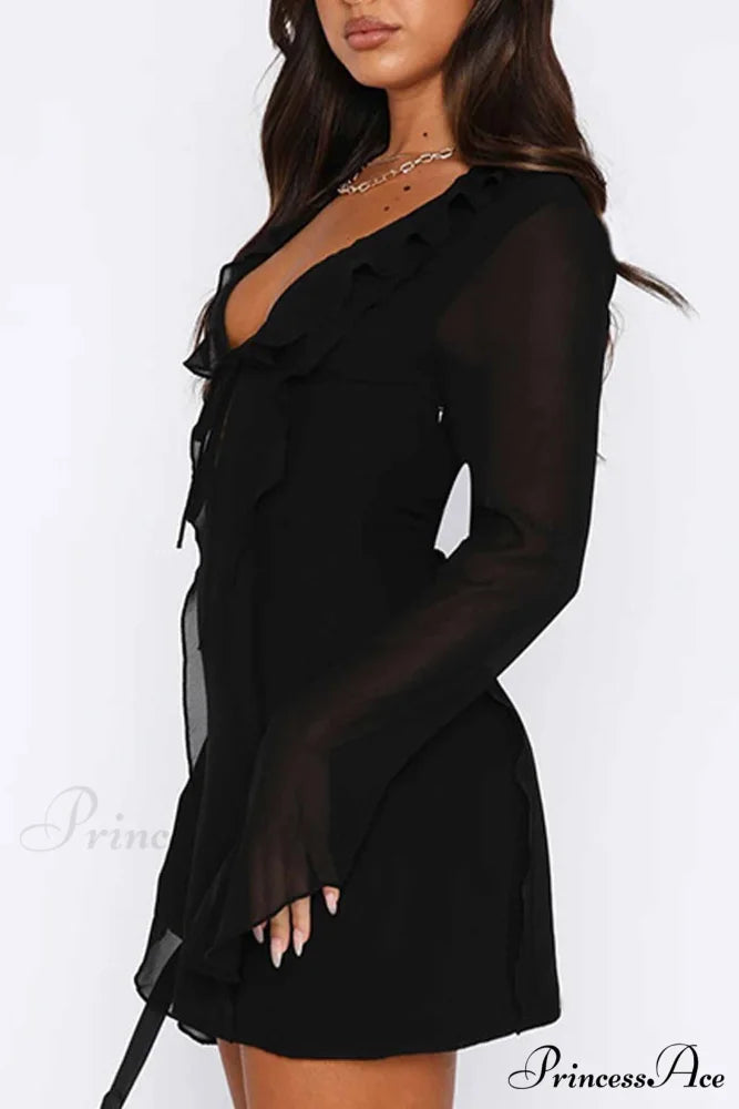 Long Sleeved Ruffled Mini Dress with Lace Up Detail