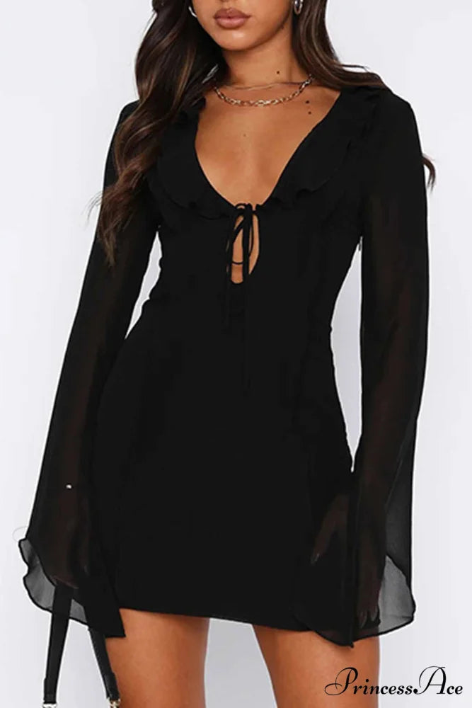 Long Sleeved Ruffled Mini Dress with Lace Up Detail Black / L