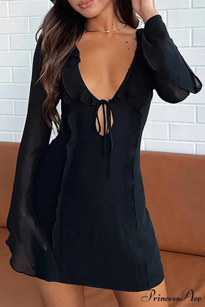 Long Sleeved Ruffled Mini Dress with Lace Up Detail Black / M