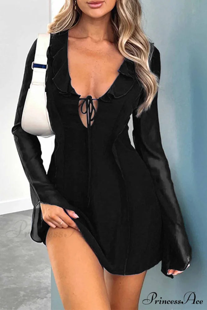 Long Sleeved Ruffled Mini Dress with Lace Up Detail Black / S