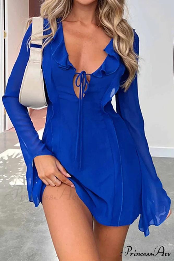 Long Sleeved Ruffled Mini Dress with Lace Up Detail Blue / S