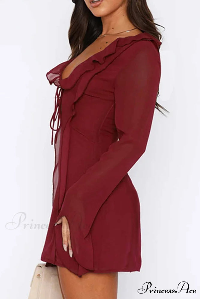 Long Sleeved Ruffled Mini Dress with Lace Up Detail Wine Red / L