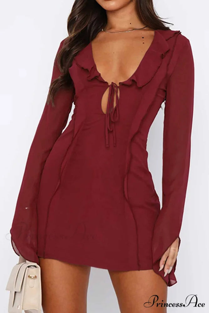 Long Sleeved Ruffled Mini Dress with Lace Up Detail Wine Red / M