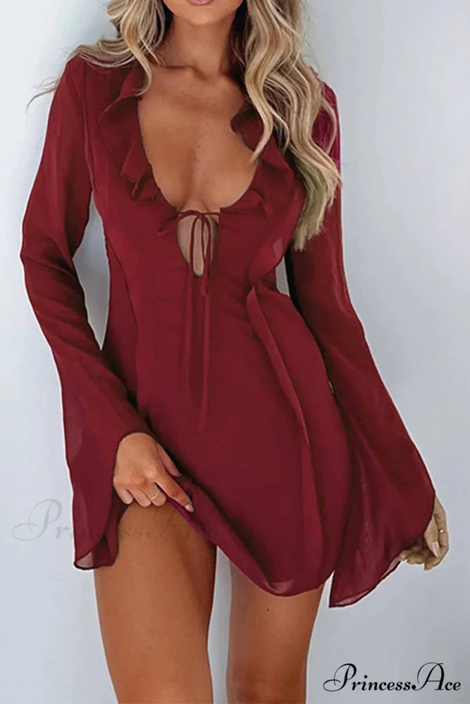 Long Sleeved Ruffled Mini Dress with Lace Up Detail Wine Red / S
