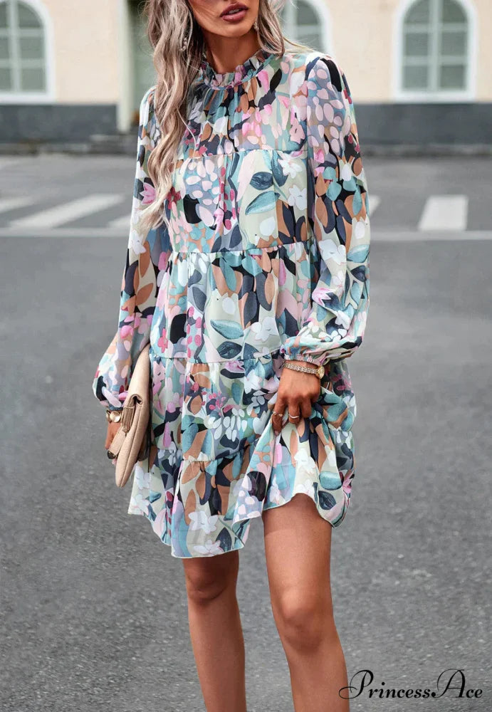 Long-Sleeved Short Dress with Print M / apricot
