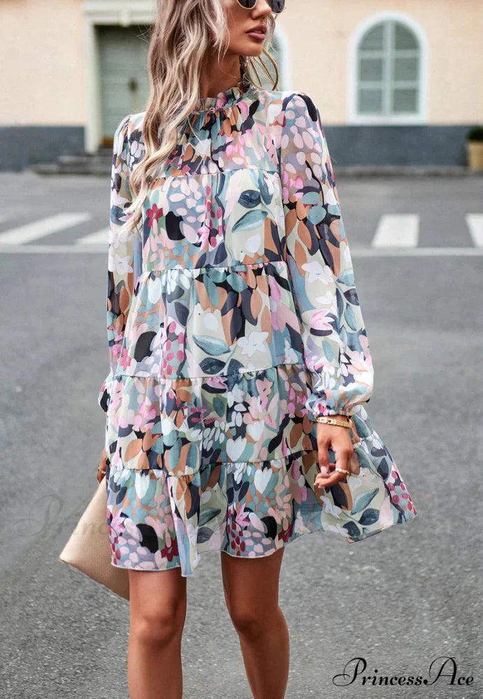 Long-Sleeved Short Dress with Print M / black