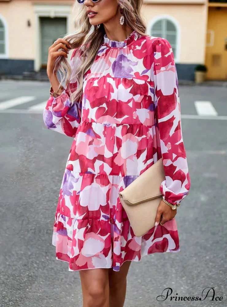 Long-Sleeved Short Dress with Print M / blue