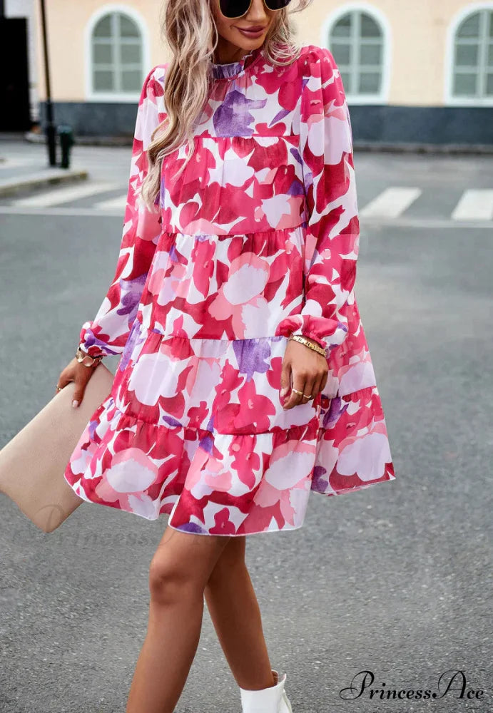 Long-Sleeved Short Dress with Print M / green