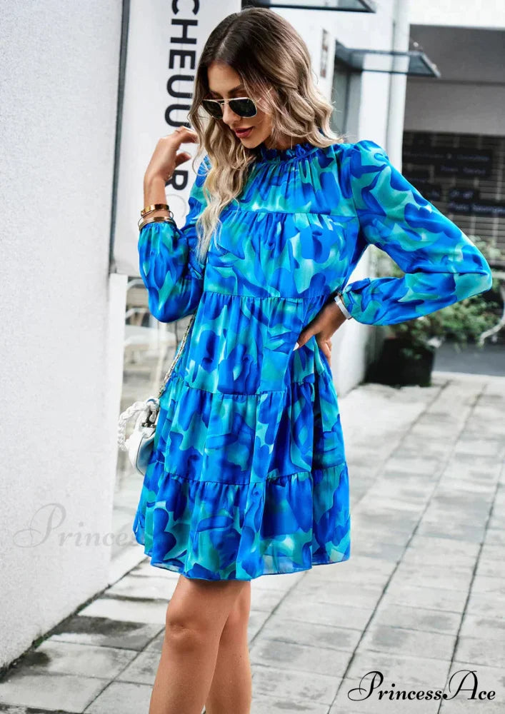 Long-Sleeved Short Dress with Print M / red