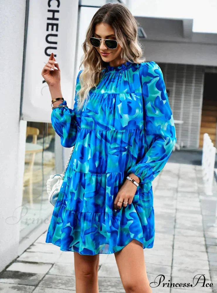Long-Sleeved Short Dress with Print S / black