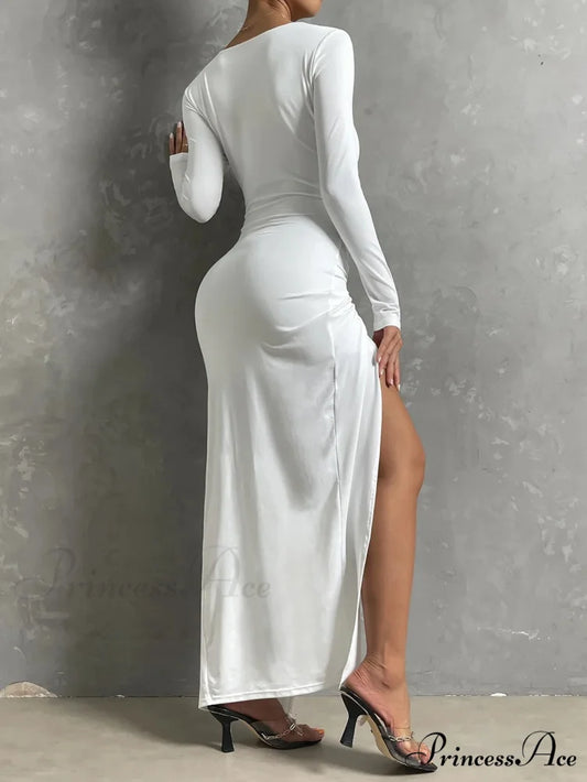 Long-sleeved Square Neck Long High Split Nightclub Wear Hollow Out Cut Out Dress