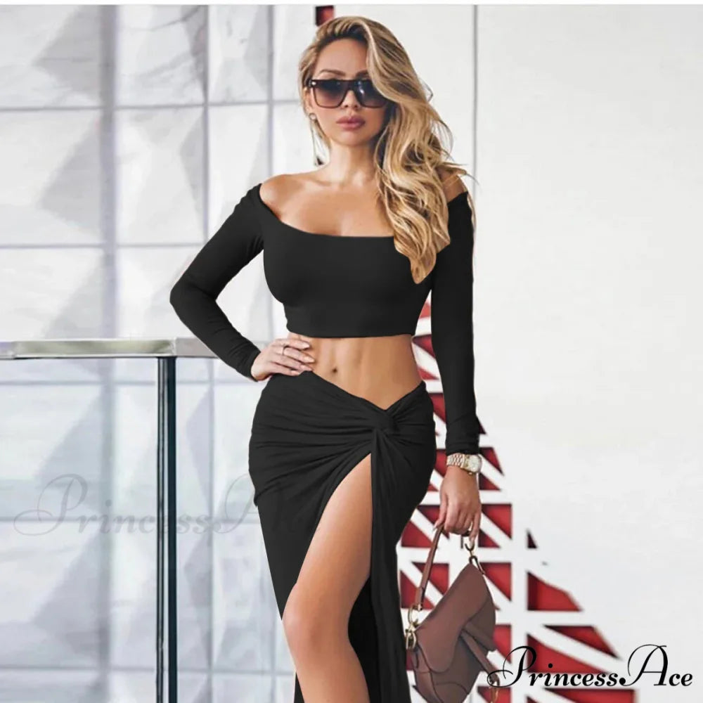 Long Sleeved Square Neck TightFitting Pleated Split Wrap Hi Cut Out Dress