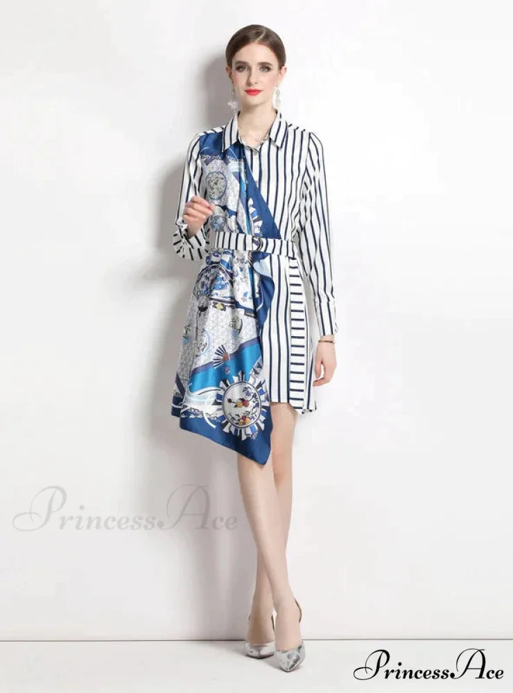 Long-Sleeved Striped Irregular Shirt Dress L / BLUE