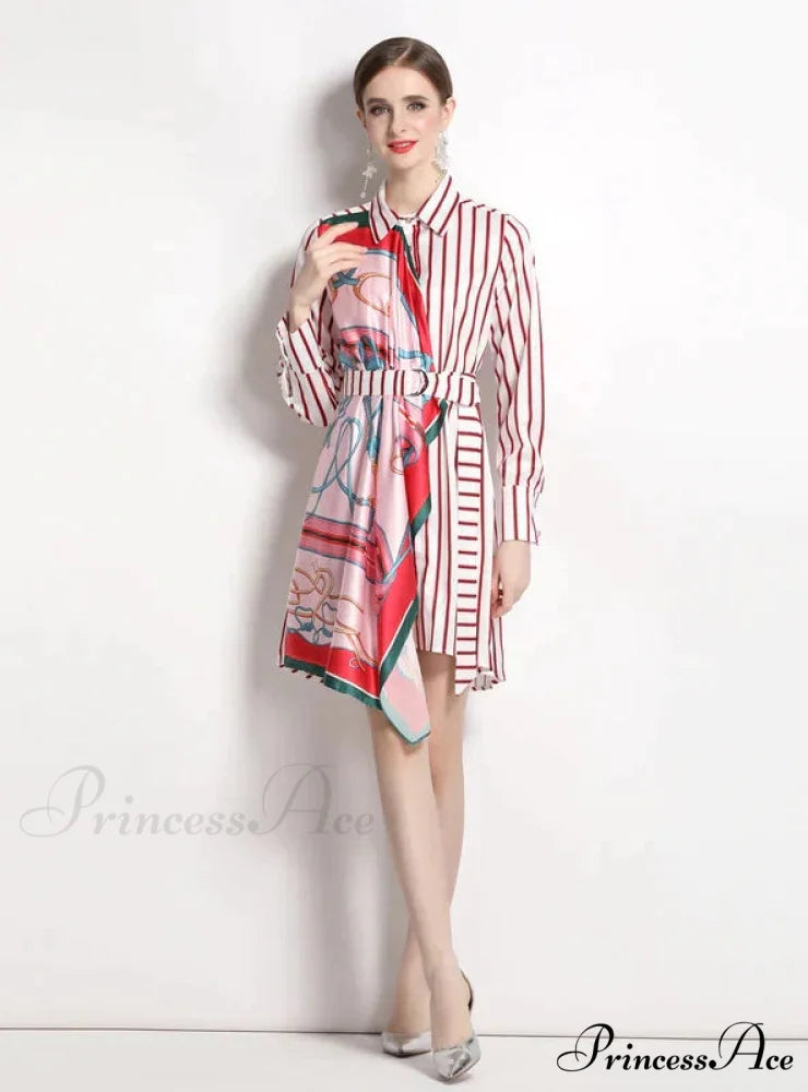 Long-Sleeved Striped Irregular Shirt Dress L / KHAKI