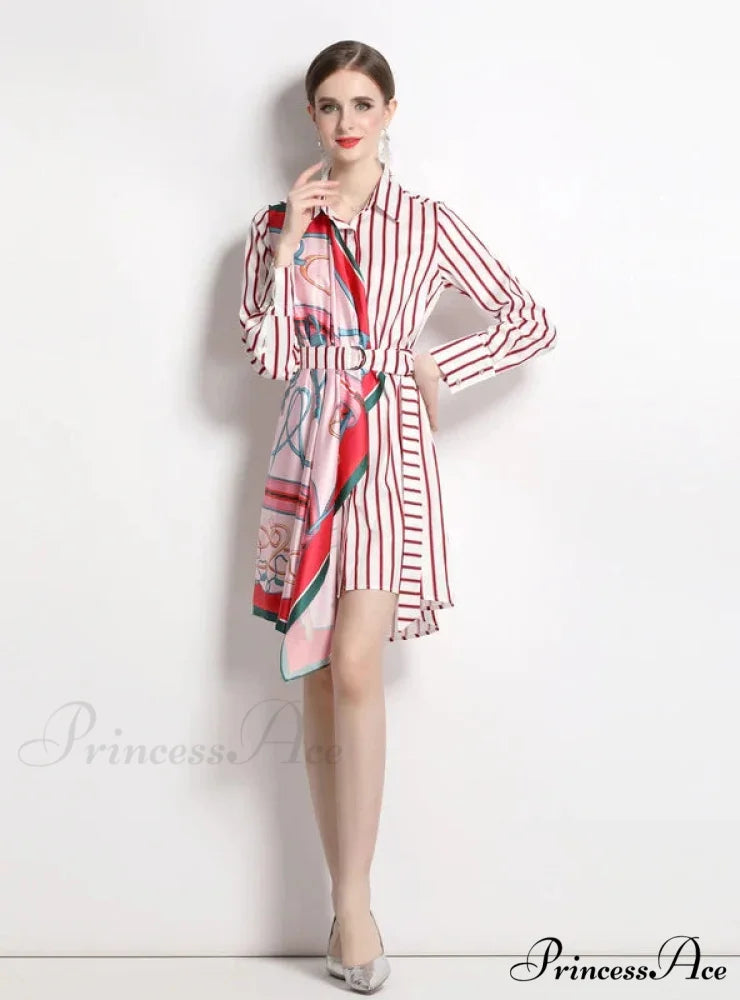 Long-Sleeved Striped Irregular Shirt Dress M / BLUE