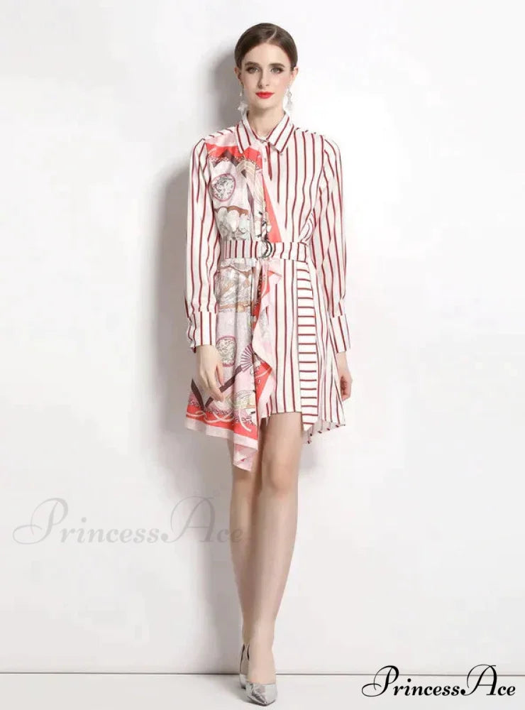 Long-Sleeved Striped Irregular Shirt Dress M / KHAKI