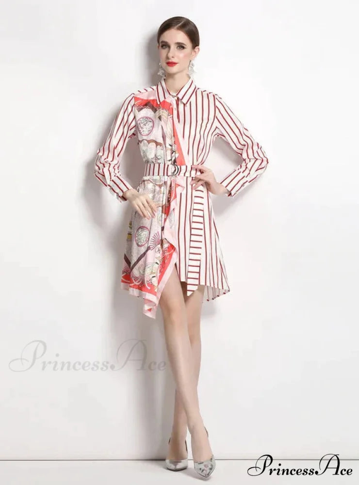 Long-Sleeved Striped Irregular Shirt Dress M / RED