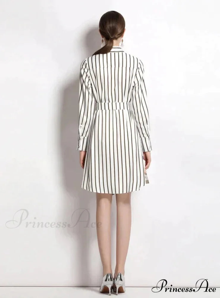 Long-Sleeved Striped Irregular Shirt Dress S / BLUE