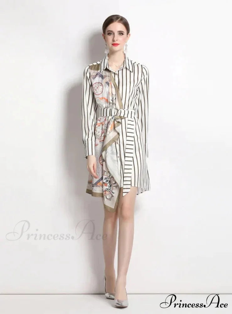 Long-Sleeved Striped Irregular Shirt Dress S / KHAKI
