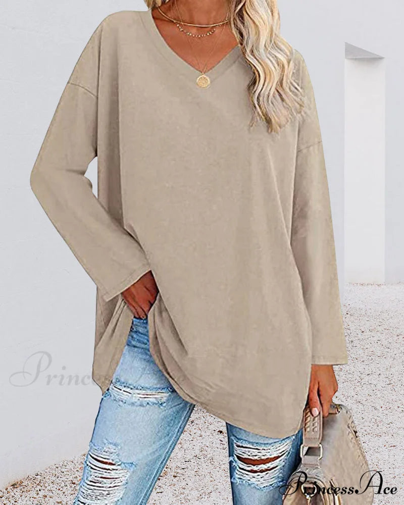 long-sleeved women’s V-neck t-shirt Beige / S