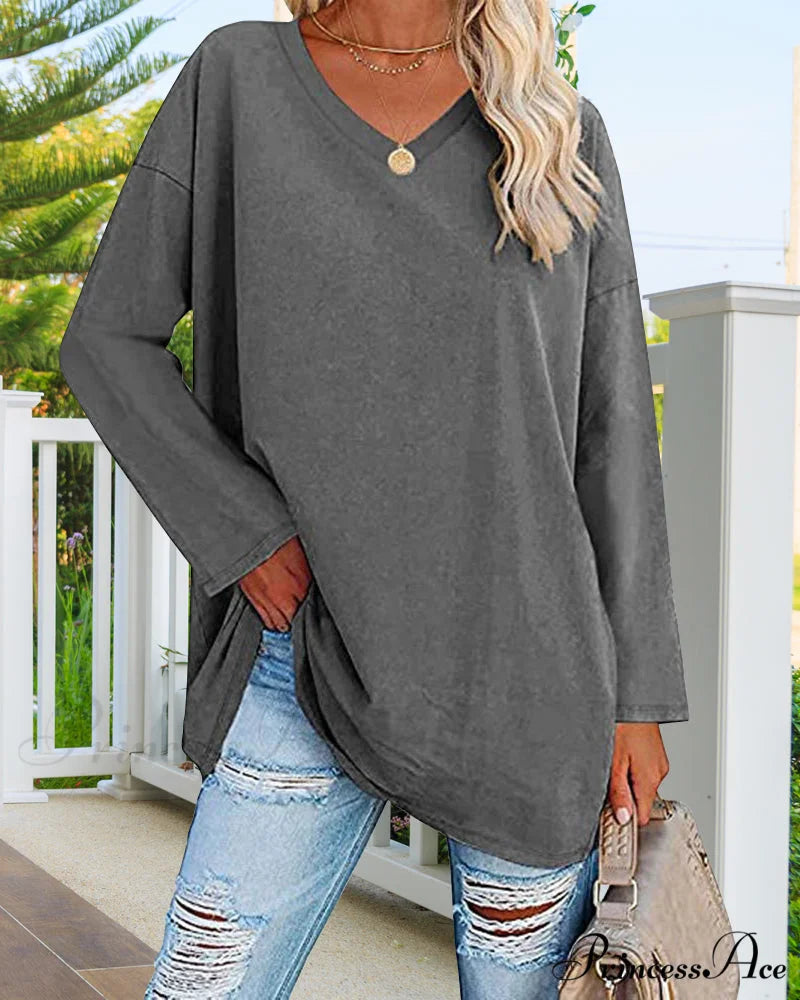 long-sleeved women’s V-neck t-shirt Dark gray / S